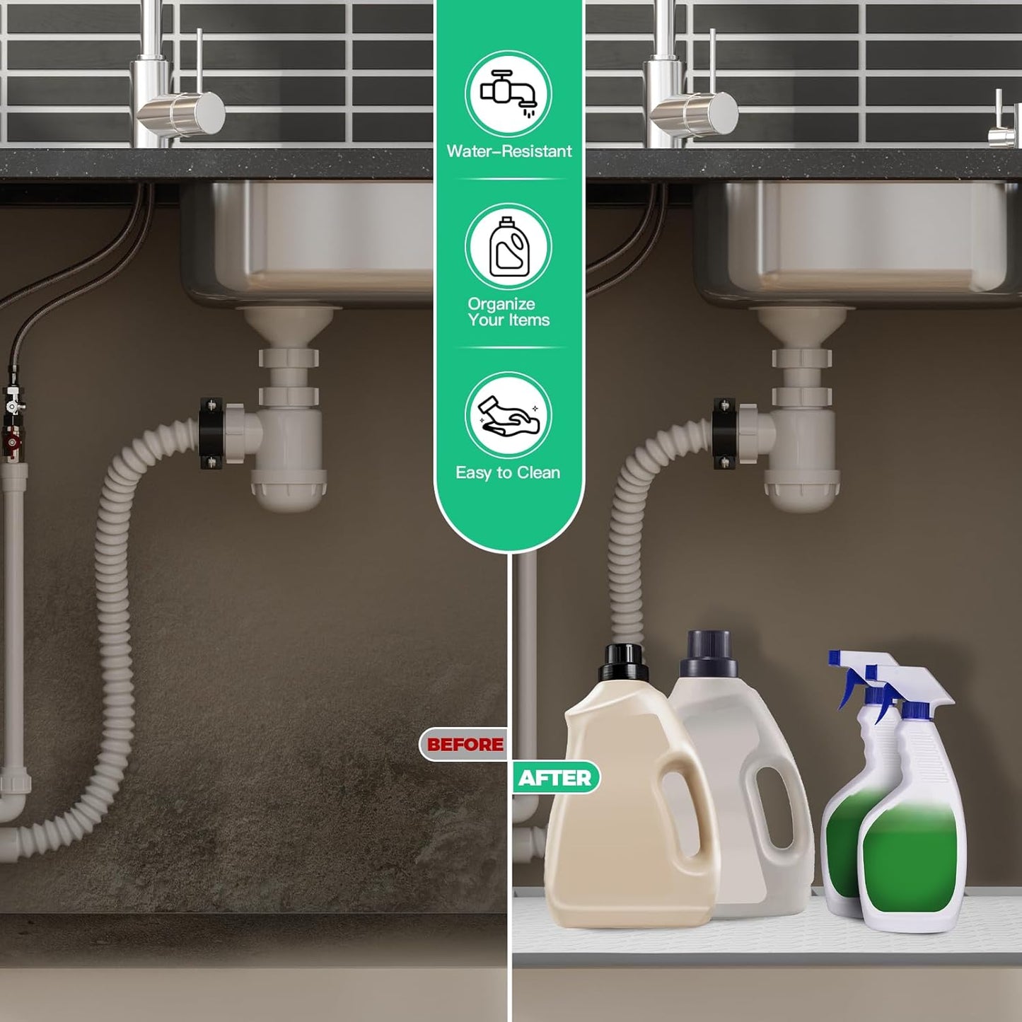 TRZZ Silicone Waterproof Under Sink Mat 31" x 22", Drip Tray and Cabinet Liner for Kitchen and Bathroom, Prevents Water Damage and Organizes Cabinets (Mint Green)