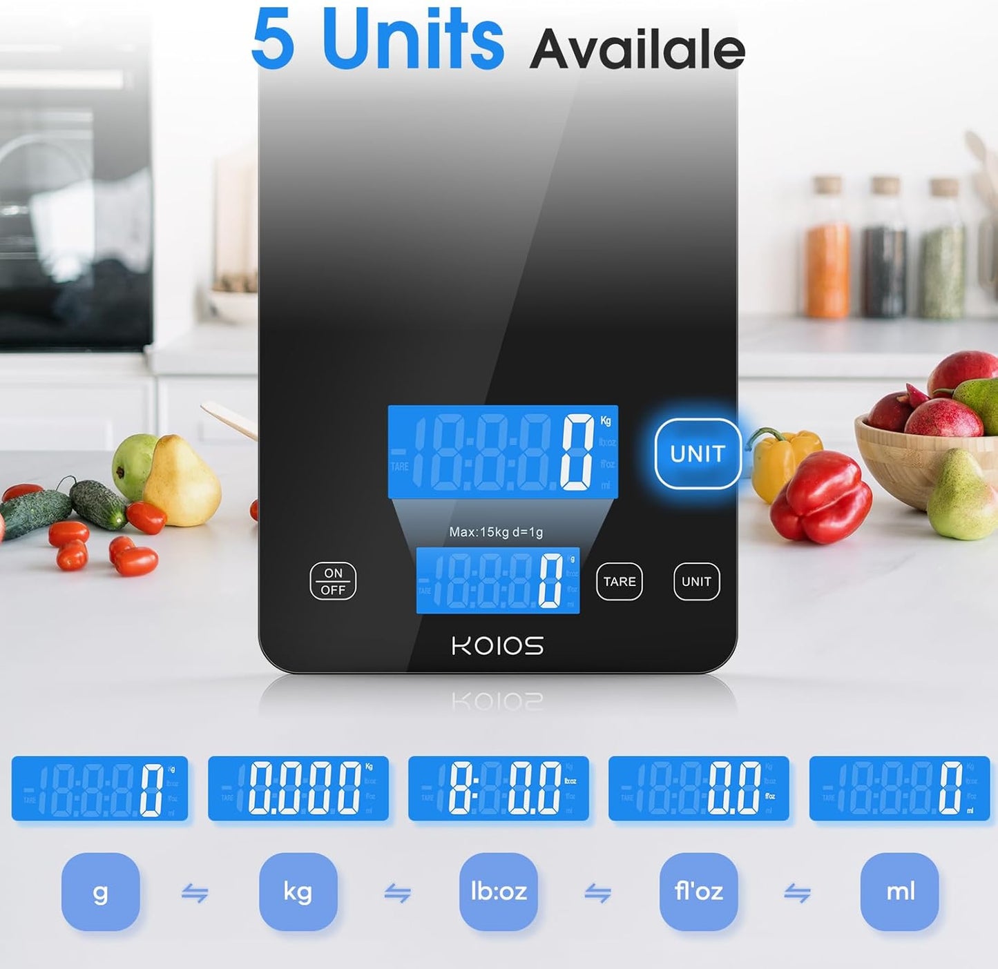 KOIOS Food Scale, 33lb/15kg Digital Kitchen Scale Weight in Grams and Ounces for Cooking Baking, 1g/0.1oz Precise Graduation, Batteries and Type-C Charging, Tare Function, LCD Display, Black