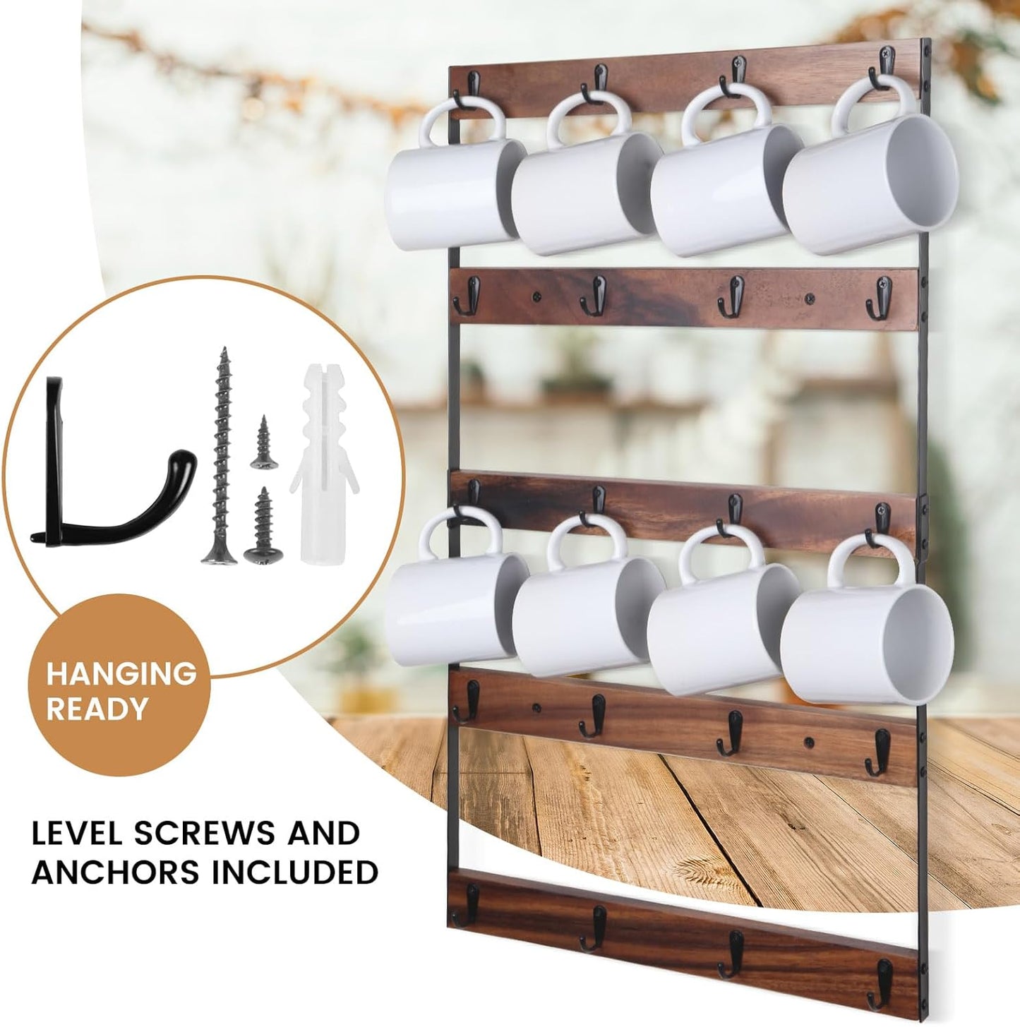 Wall Mounted Coffee Mug Holder, Large 5 Tier Shelf with 20 Hooks for Cups, Rustic Wooden Display Rack for Kitchens, Homes and Bars (Walnut)