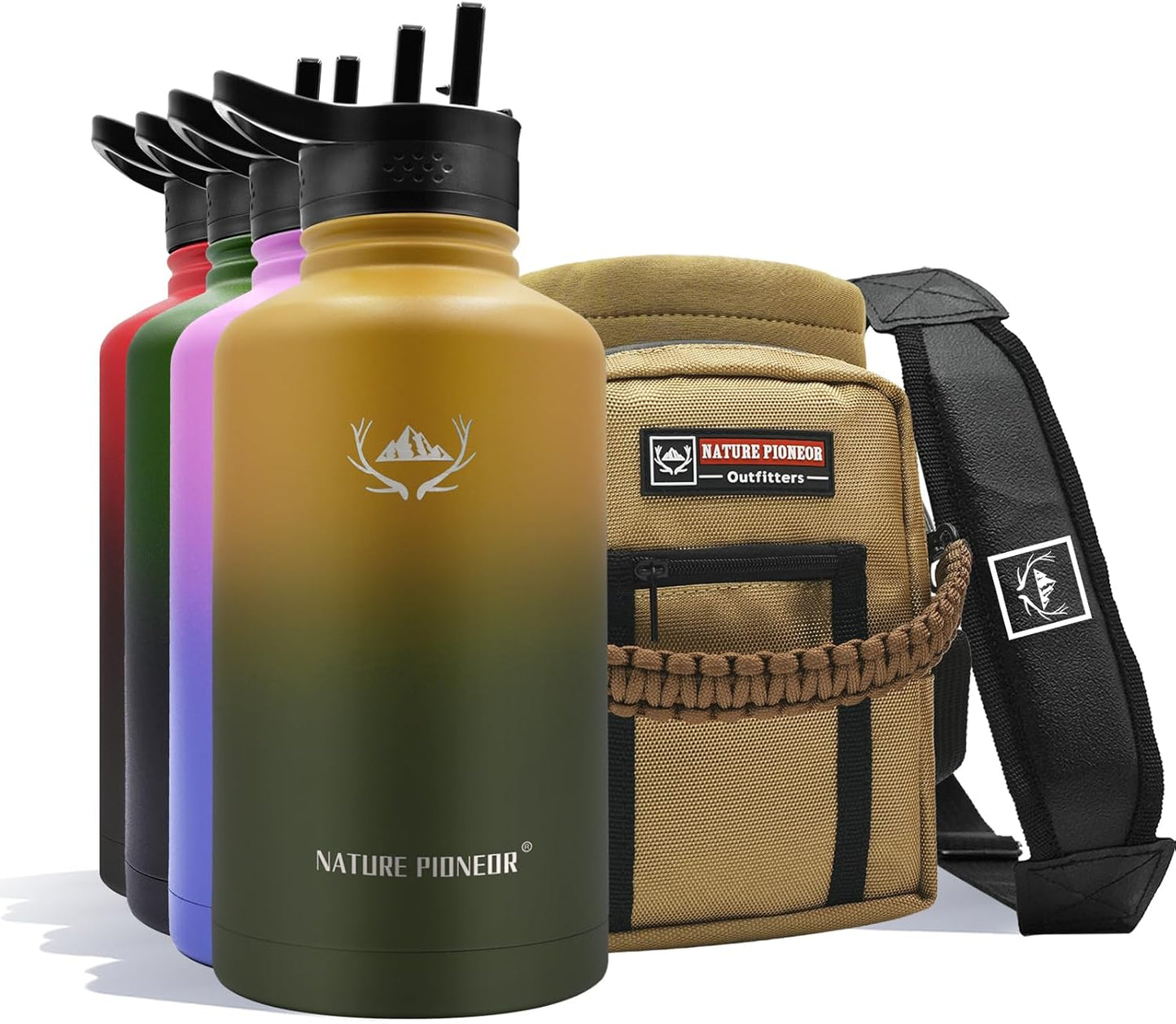 NATURE PIONEOR Insulated Water Bottles with Straw - 64oz Stainless Steel Vacuum Bottle with Holder/Carrier/Sleeve - Reusable 18/8 Food Grade Half Gallon Water Jug