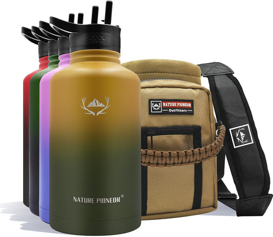 NATURE PIONEOR Insulated Water Bottles with Straw - 64oz Stainless Steel Vacuum Bottle with Holder/Carrier/Sleeve - Reusable 18/8 Food Grade Half Gallon Water Jug