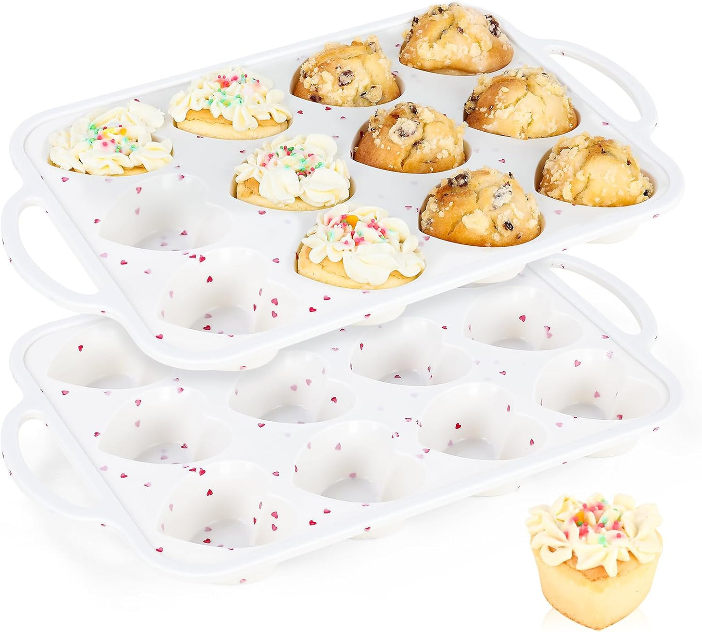 Vinino Silicone Heart Shaped Muffin Pan with Metal Reinforced Frame, 2 Pack Cupcake Pan, Silicone Heart Mold for Baking, Chocolate Bar and Egg Bites, Dishwasher Safe