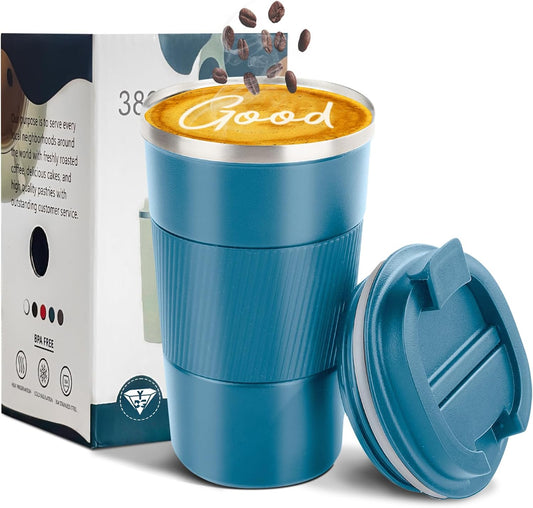 YINBAOGE Insulated Travel Coffee Mug Spill Proof Leak Proof Pobtable To Go Camping Stainless Steel Coffee Tumbler Reusable Coffee Cups with Lids Thermos for Hot and Cold Drink (Blue, 17 OZ)