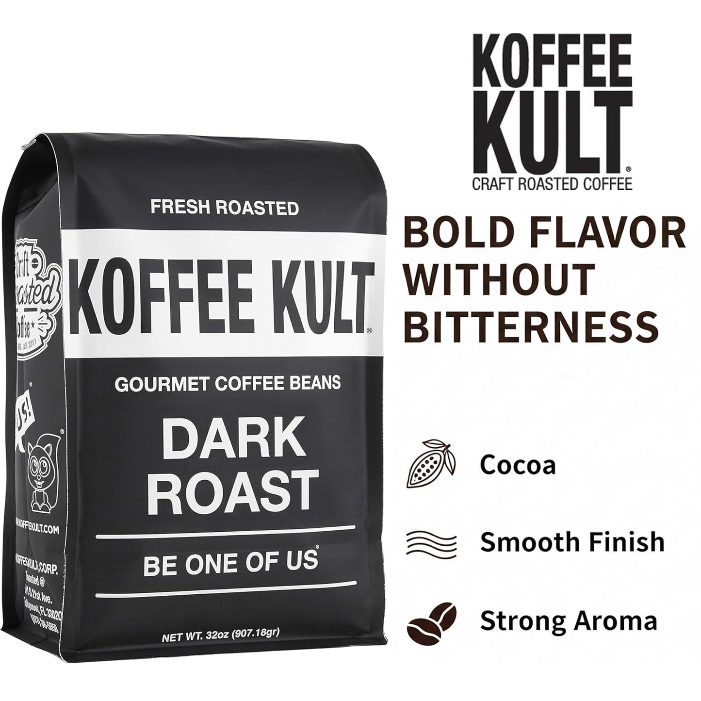 Koffee Kult Dark Roast Whole Bean Coffee - Small Batch 100% Arabica Gourmet Blend, Smooth and Well Balanced Artisan Roasted in 32oz Resealable Package