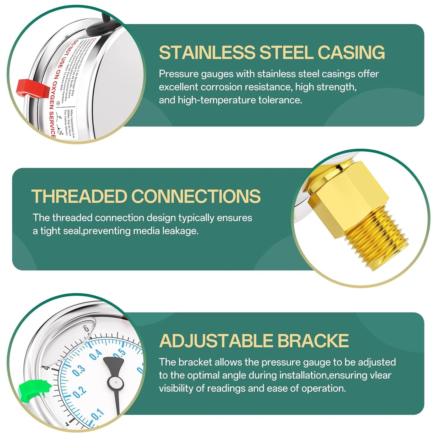 0-10PSI Stainless Steel Liquid Filled Pressure Gauge, 2.5" Dial Size, 1/4" NPT Lower Mount, for Tube, Water Pump, Gas, Liquid, Pressure Test (with Range Mark Pointer)