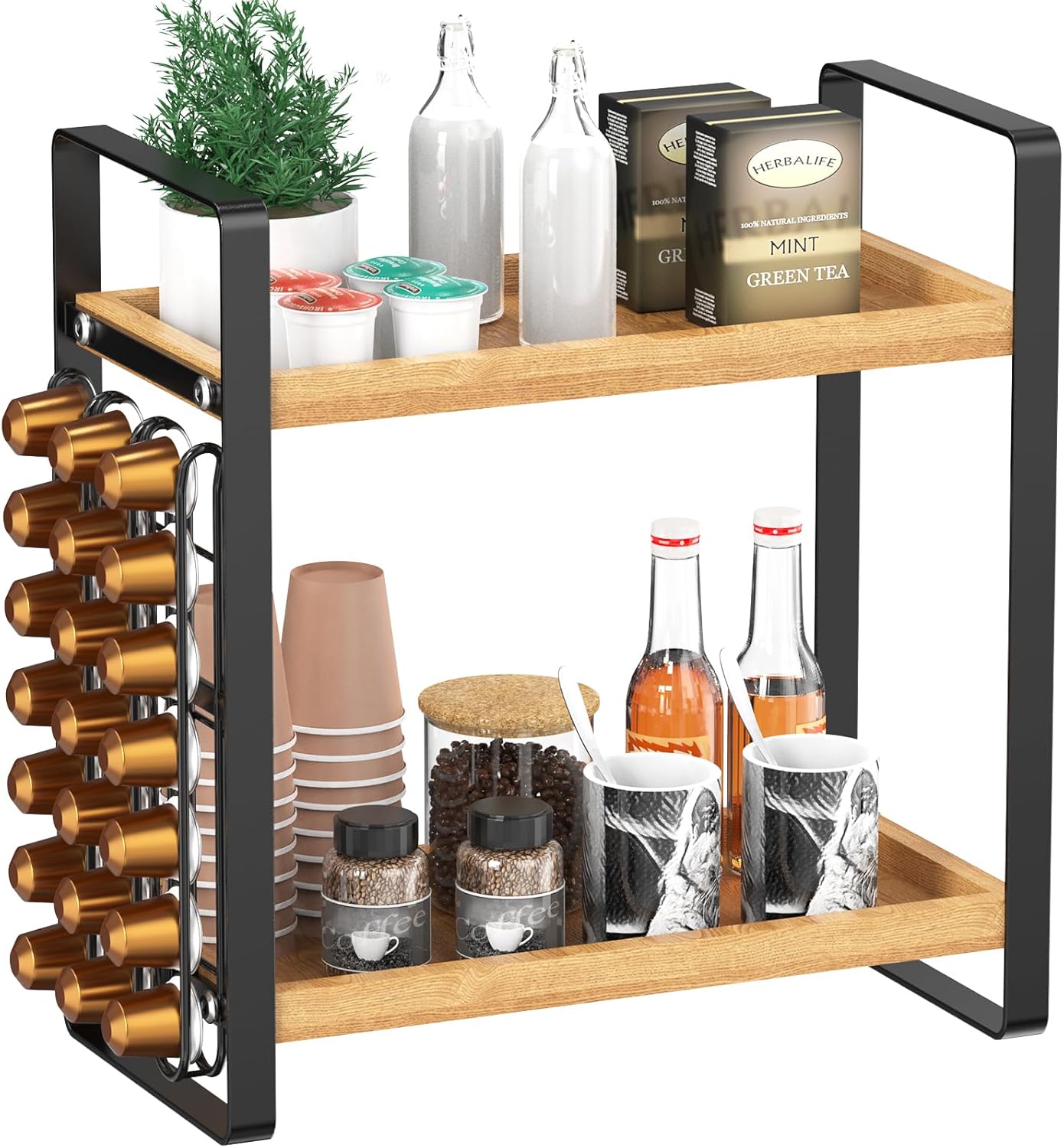LEMIKKLE Coffee Station Organizer,Compatible with Nespresso Classic Pods 24pcs, Coffee Bar Accessories and Cup Storage Organizer, Wood Counter Shelves for Kitchen, Office, Countertop