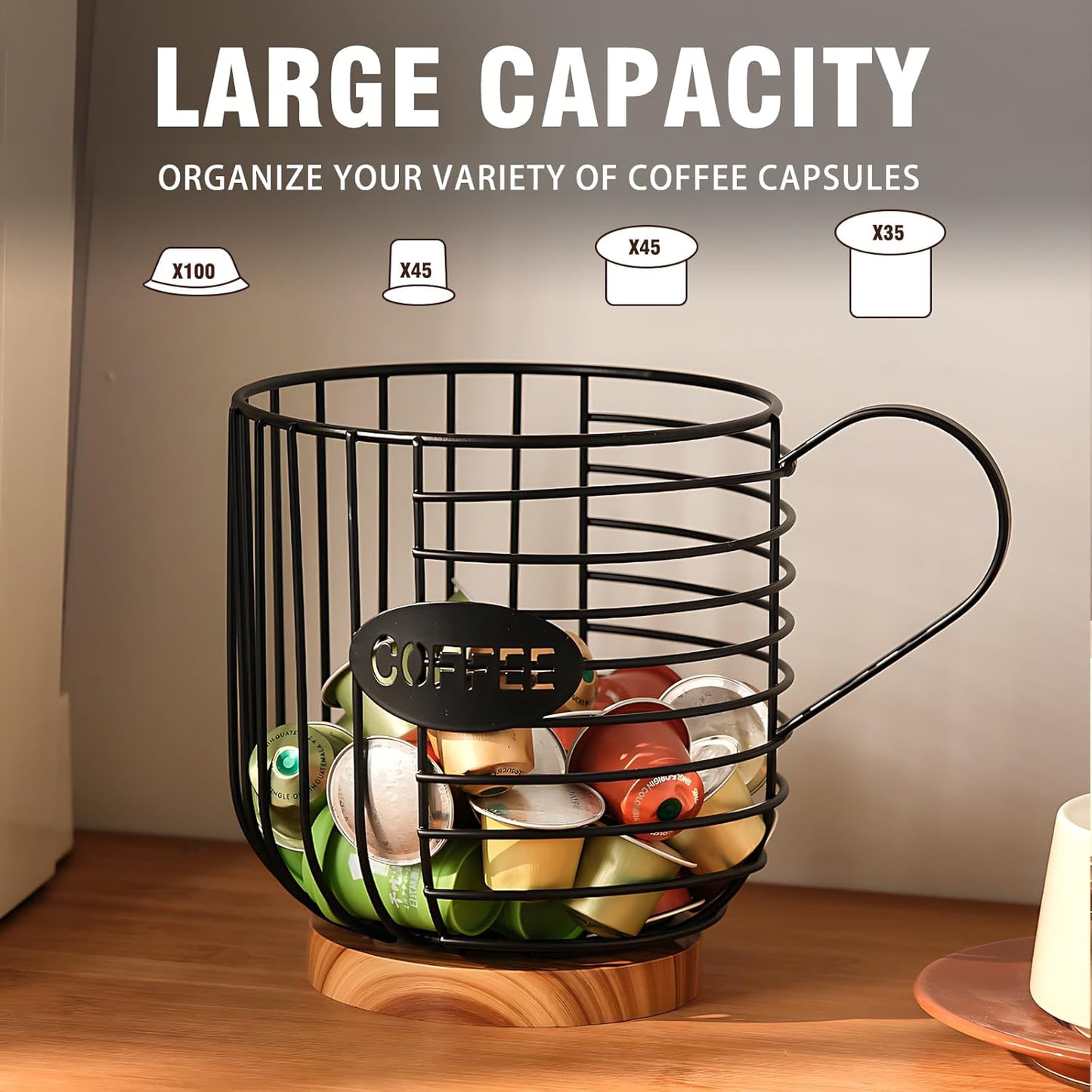 Coffee Pod Holder,Bar Accessories - Espresso Pod Holder - Large Capacity Black Wire Coffee Basket With Wooden Base