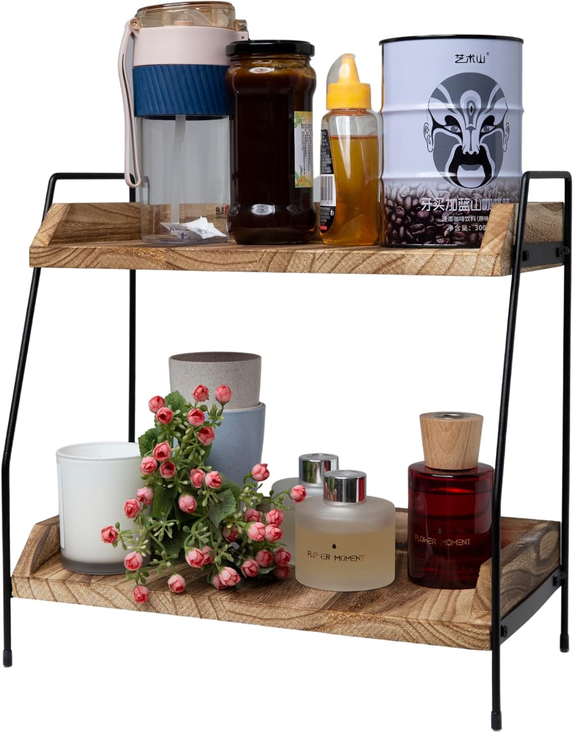 Coffee Bar Accessories and Organizer, Coffee Station Organizer 2 Tier Bathroom Counter Organizer, Wood Coffee Tray, Bathroom Vanity Organizer, Countertop Shelf for Kitchen, Coffee Lover