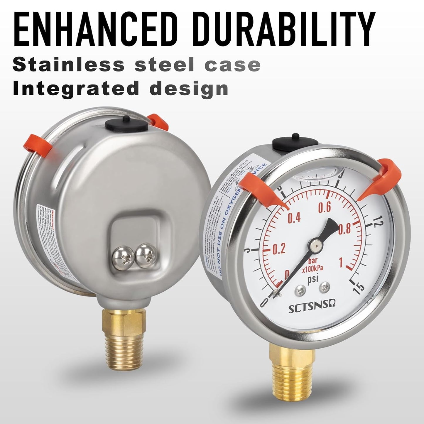 0 to 15 Psi Pressure Gauge, Glycerin Liquid Filled, 2.5 inch Dial, 1/4" NPT Lower Mount, Stainless Steel Case, for ATV Tire, HVAC Pipe, Well Tank, Fuel, Coolant, Nitrogen, Low Pressure Test