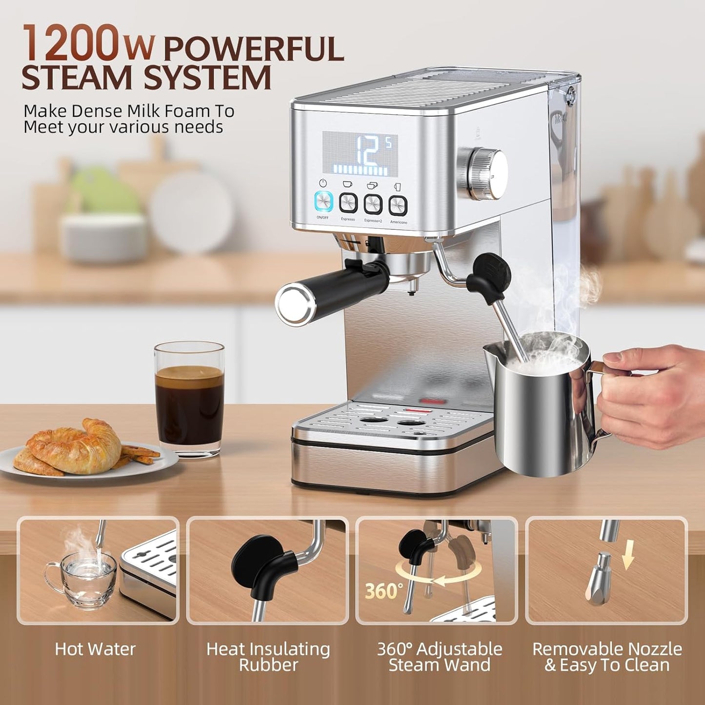 Espresso Machine 20 Bar, Stainless Compact Espresso Maker with Steam Milk Frother, 57.5OZ Water Tank, Touch Screen Indicator of Making Time, for Latte, Cappuccino, Silver (2025 updated model)