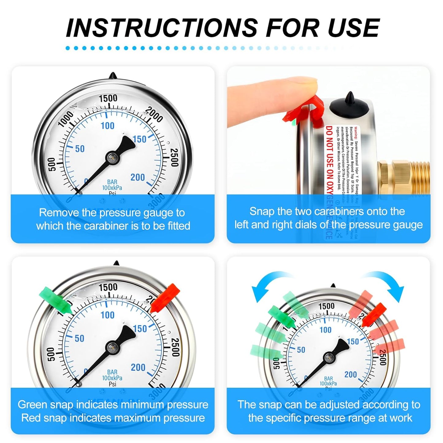 MEANLIN MEASURE 0~3000Psi Liquid Filled Pressure Gauge 1/4" NPT 2.5" FACE DIAL Stainless Steel Glycerin Filled WOG Water Oil Air Back Mount (with 2PCS Snaps)