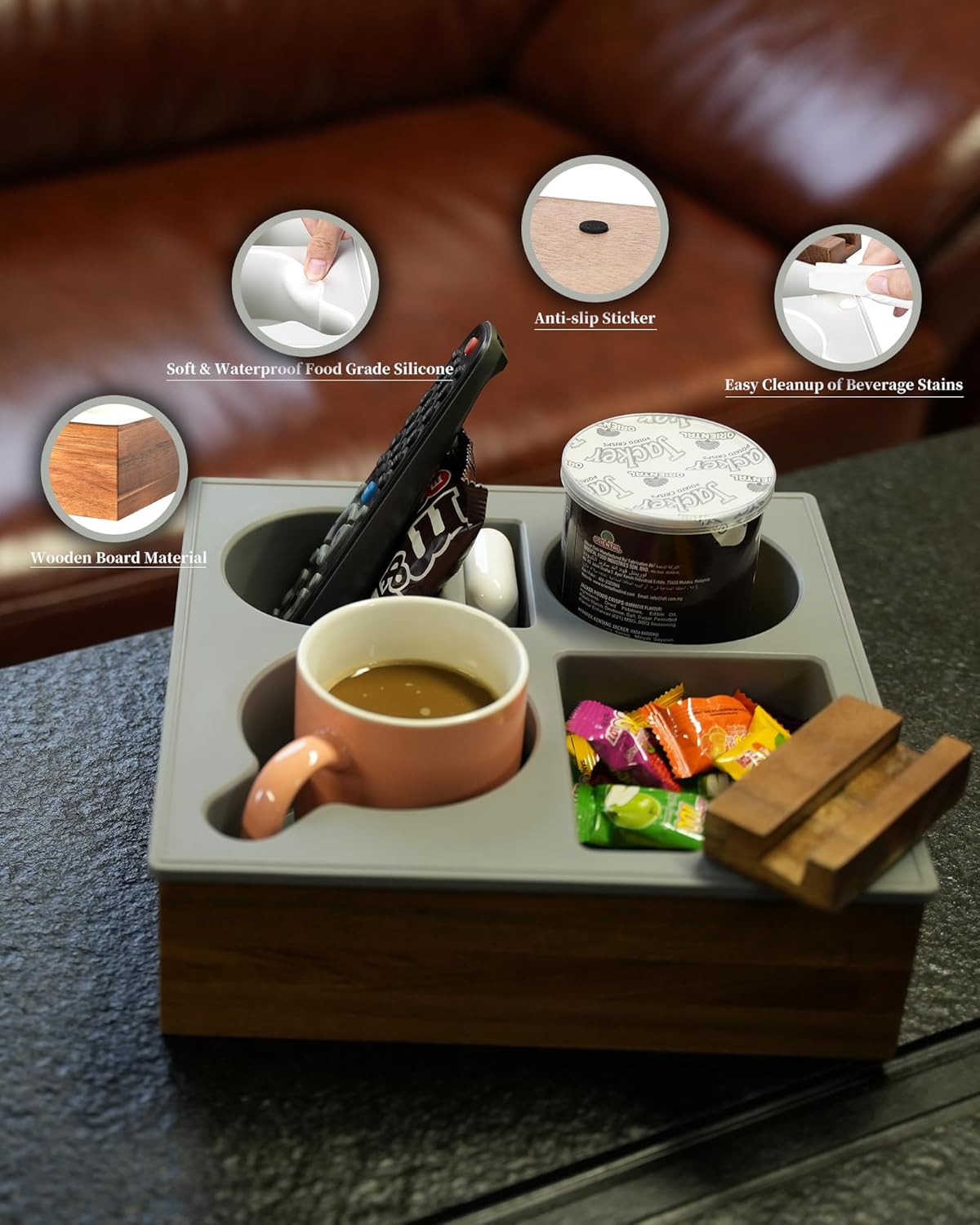 Couch Cup Holder Tray, Handy Soft Silicone Acacia Wooden Couch Caddy for Bed Car Seat Beach Organizer, Waterproof Anti-Spill Sofa Cup Holder for Snacks Beverage Remote (White)