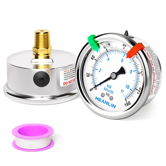 MEANLIN MEASURE 0~160Psi Liquid Filled Pressure Gauge 1/4" NPT 2.5" FACE DIAL Stainless Steel Glycerin Filled WOG Water Oil Air Back Mount (with 2PCS Snaps)