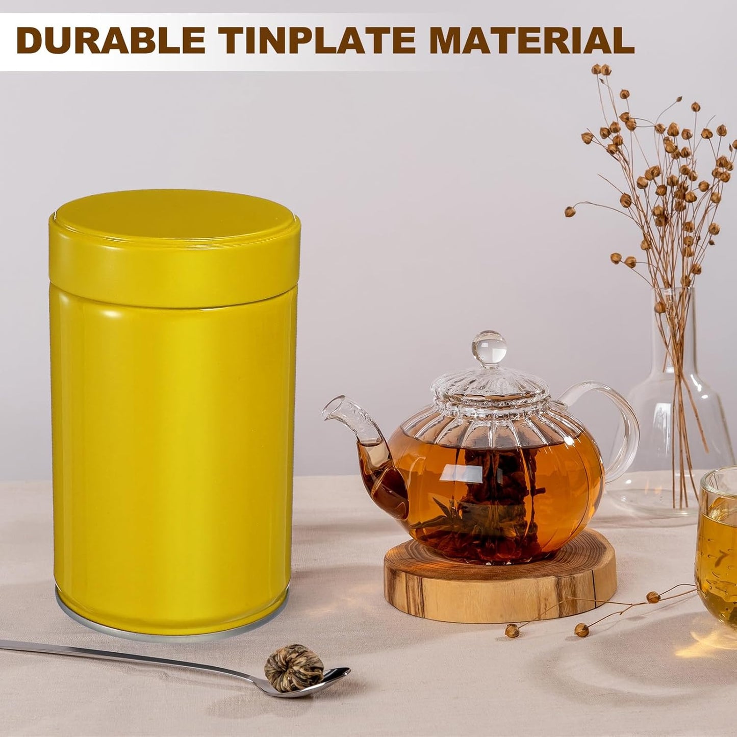 uxcell 2Pcs Round Tea Canisters, 5" x 3" Airtight Metal Tea Containers for Loose Tea, Coffee Beans, Spices - Durable, Compact, and Stylish Storage Tea Tin (Yellow)