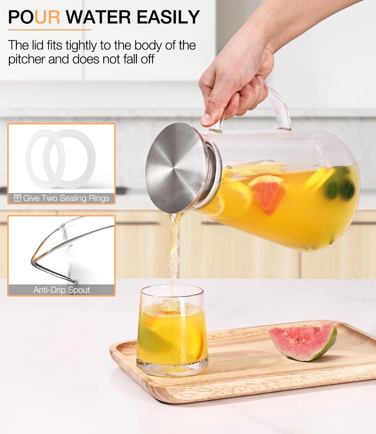 Glass Pitcher with Lid and Handle, 2 Liter 68oz Water Pitcher with Spout for Fridge, Borosilicate Glass Jug for Hot/Cold Drink, Large Ice Tea Carafe for Juice, Coffee, Sangria, Beverage