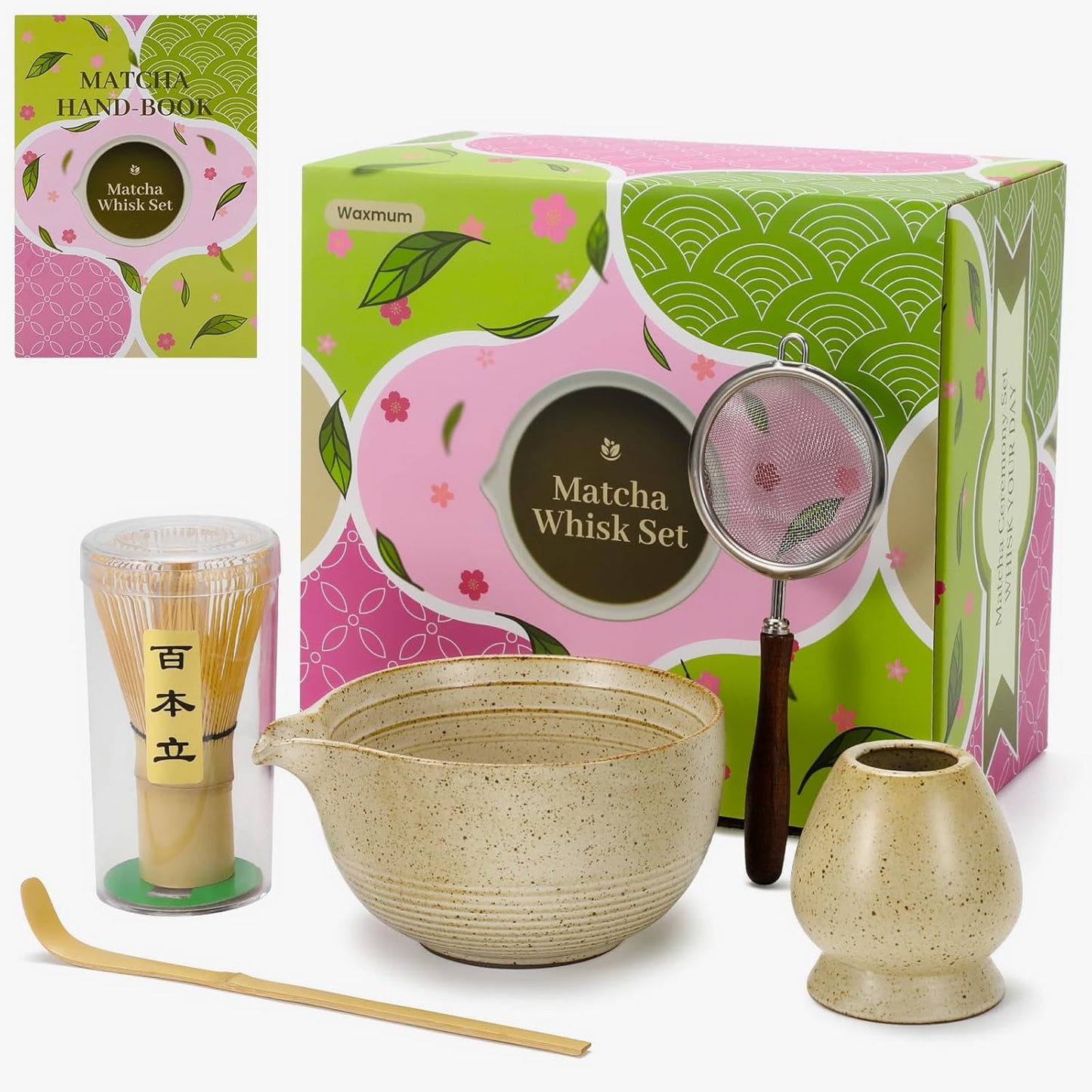 Matcha Set - Match Bowl with Spout and Whisk, 14 OZ, Matcha Scoop, Matcha Whisk and Holder, Matcha Sifter - 5pc Perfect Matcha Kit for Matcha Tea Ceremony (Mottled vintage)