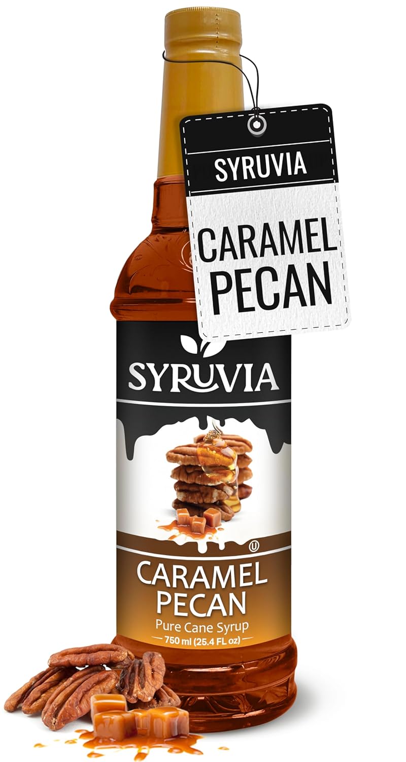 Syruvia Caramel Pecan Coffee Syrup - 25.4 fl oz. Kosher, and Gluten-Free. Ideal for Enhancing Drinks, Sodas, Shakes, Desserts, and More.