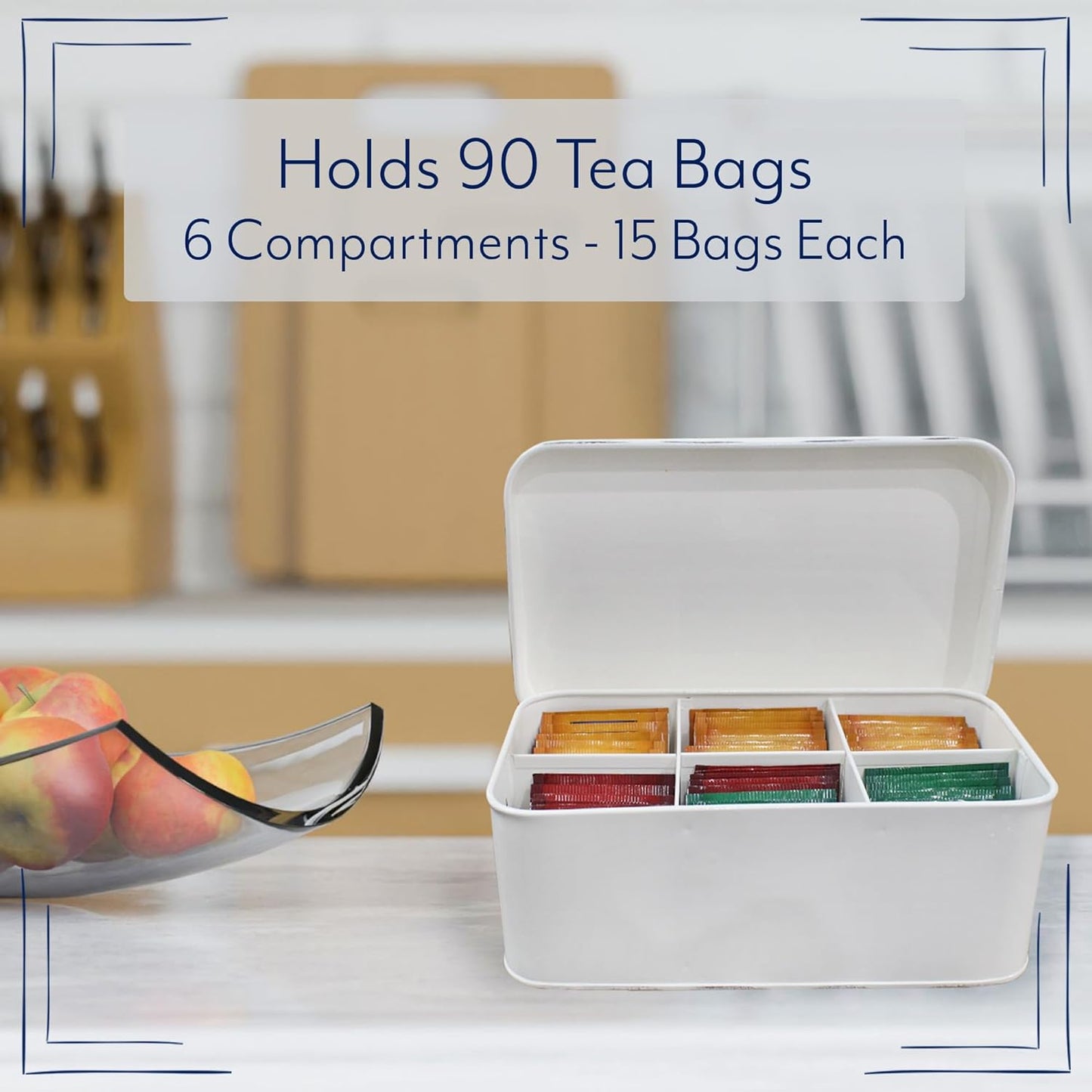 AuldHome Design Farmhouse Tea Bag Box (White), Vintage Retro Style Enamelware Tea Storage Tin