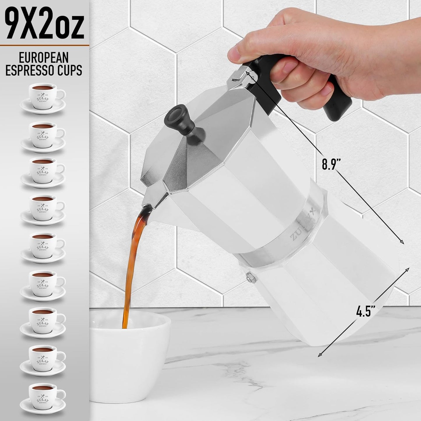 Zulay Moka Pot Espresso Stovetop Coffee Maker - Leak-Proof, Stainless Steel, Easy to Clean, Heat Resistant Handle & Knob - for Authentic Cuban & Italian Style Espresso - Makes 9 Espresso Cups - White