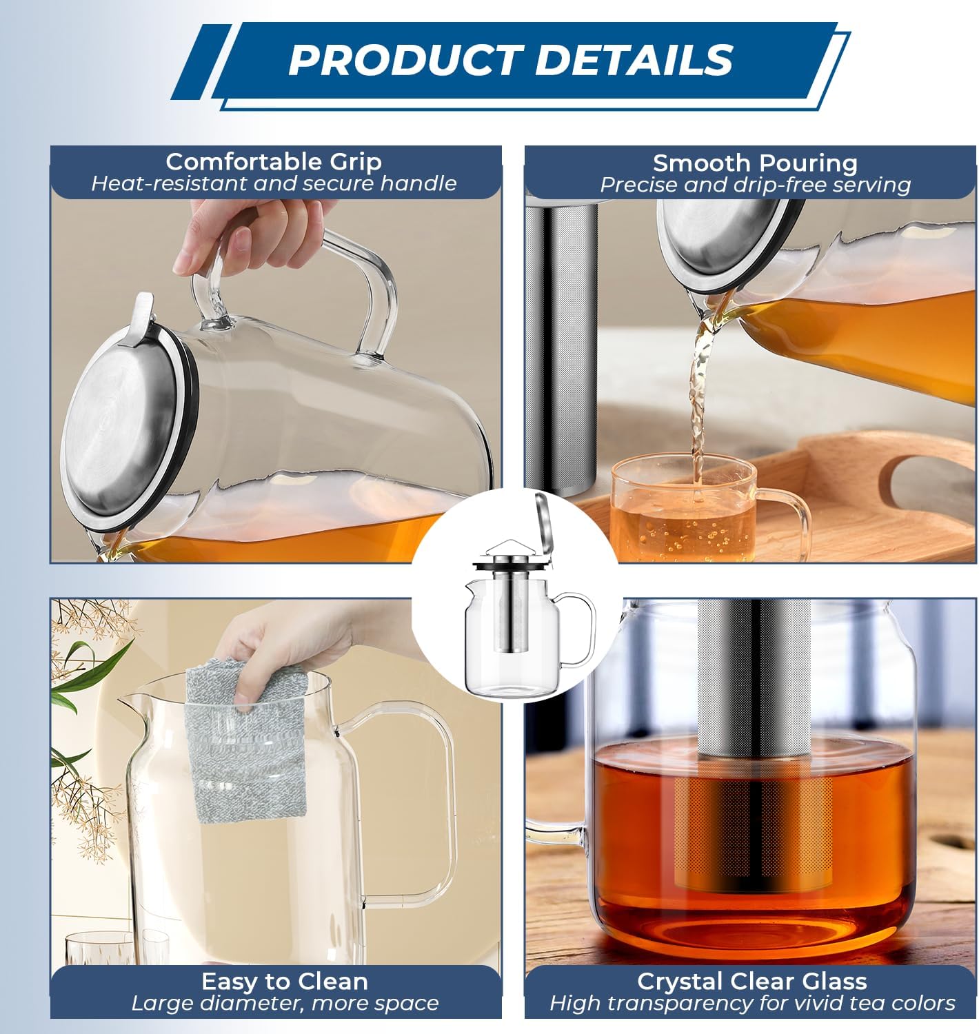 Aquach 85oz Glass Teapot with Stainless Steel Removable Infuser, Stovetop & Dishwasher Safe, Ideal for Brewing Loose Leaf & Blooming Tea