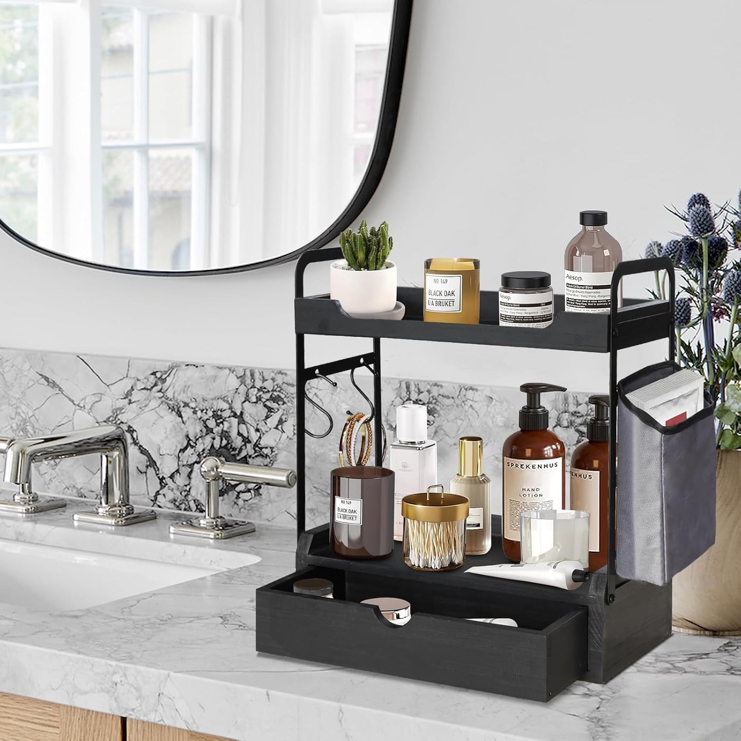 Wooden Coffee Bar Organizer - 2-Tier Station with Pod Holder, Syrup Snack Organizer, Bag & Hooks (Black)