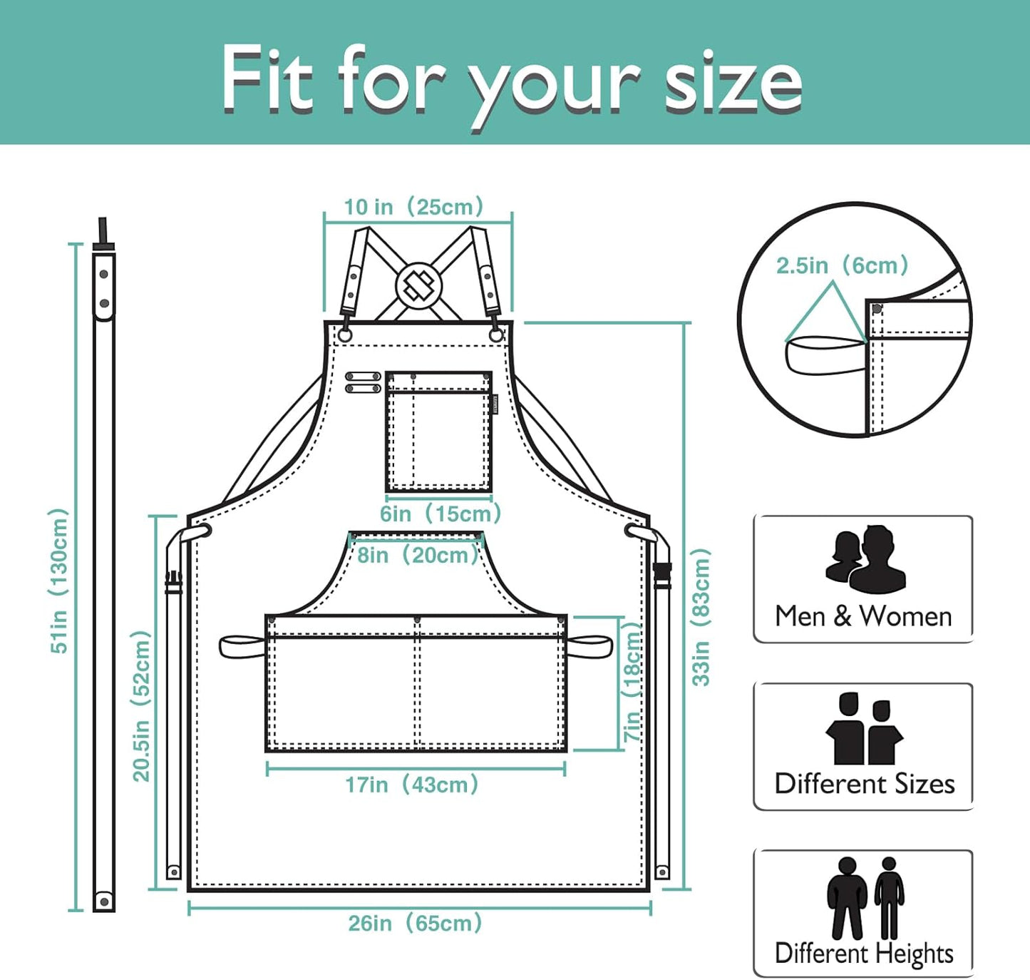 Kitchen Apron, Work Apron, Canvas, Multiple Pockets, Gardening, Painting, BBQ, Artist, Carpenter, Sizes M to XXL, Ice Blue