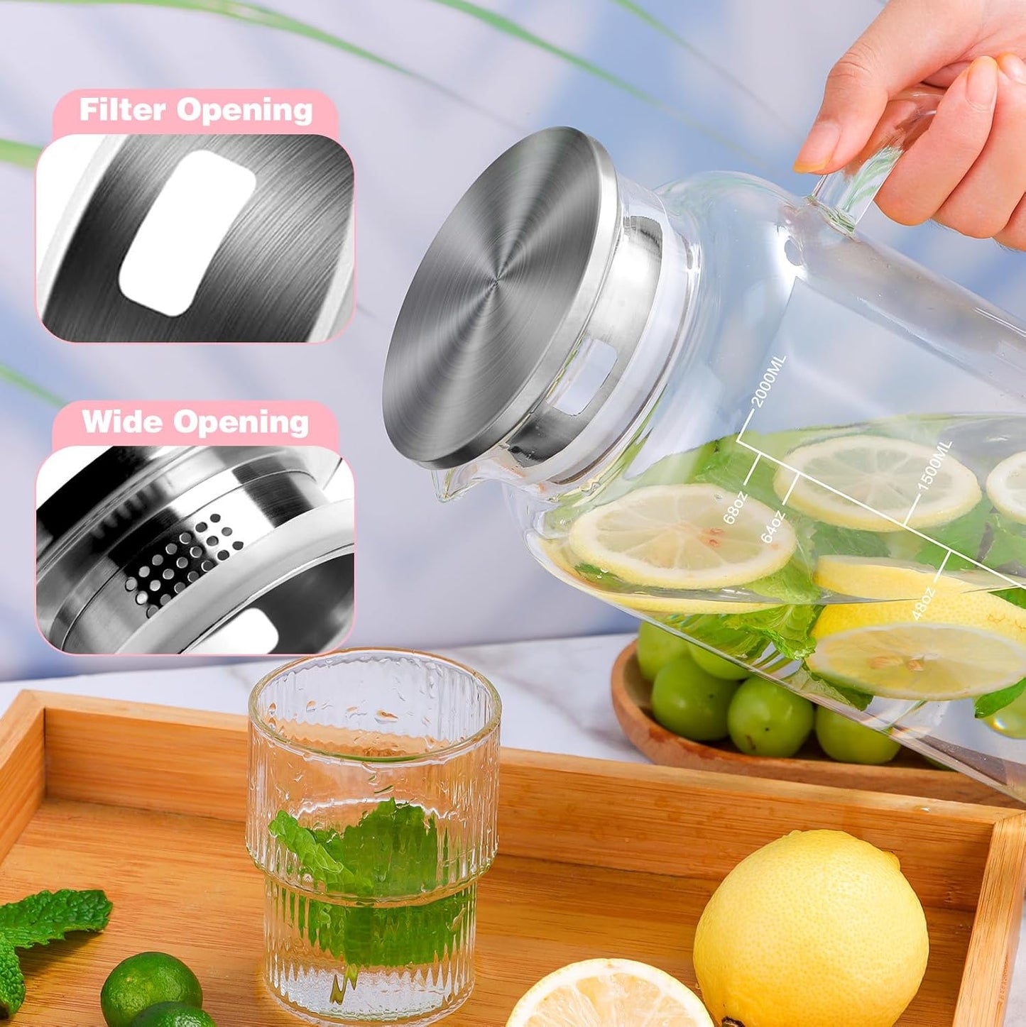 Aofmee 68oz Glass Pitcher with Lid, 2 Liter Water Carafe with Silicone Base and Precise Scale Line, Ice Tea Pitcher for Fridge, Anti-Slip Glass Jug for Sun Tea Juice Coffee Milk Beverage (Pink)