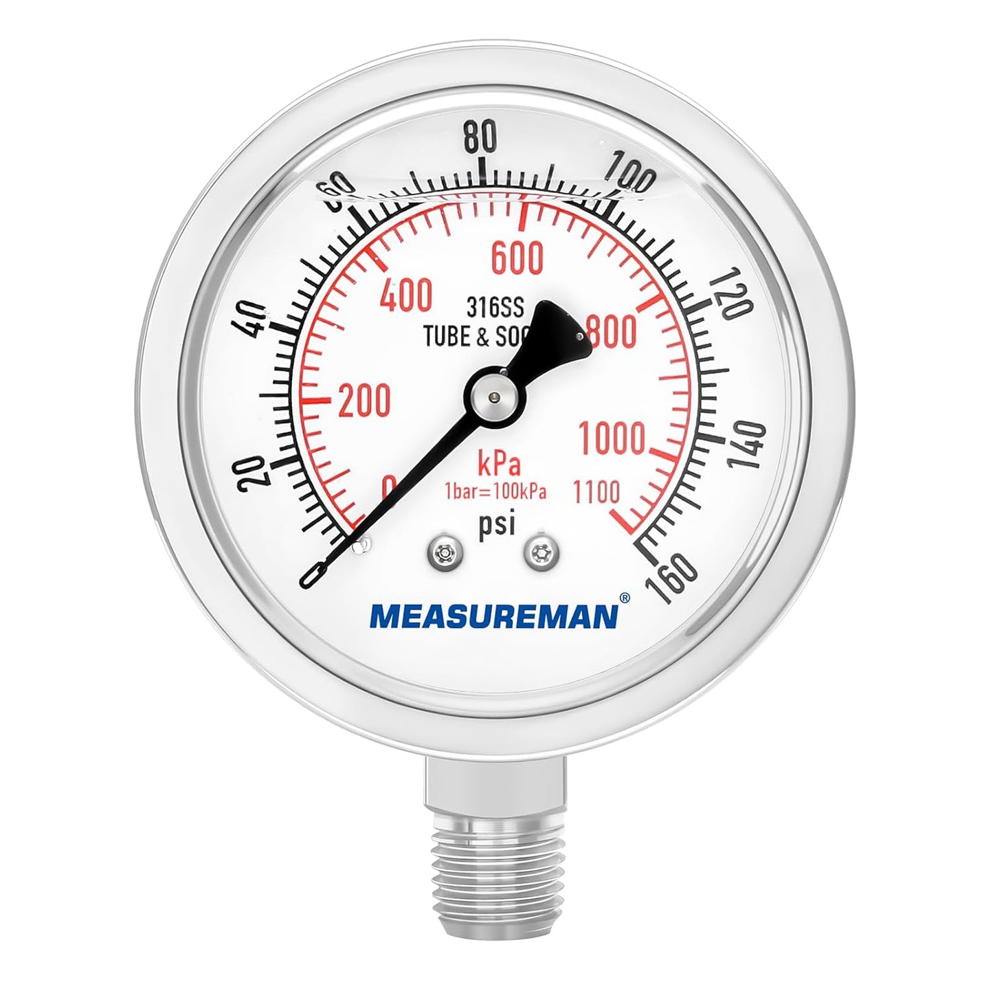 MEASUREMAN Fully Stainless Steel Hydraulic Glycerin Filled Pressure Gauge, 2-1/2" Dial Size,0-160psi/kpa,1/4" NPT Lower Mount