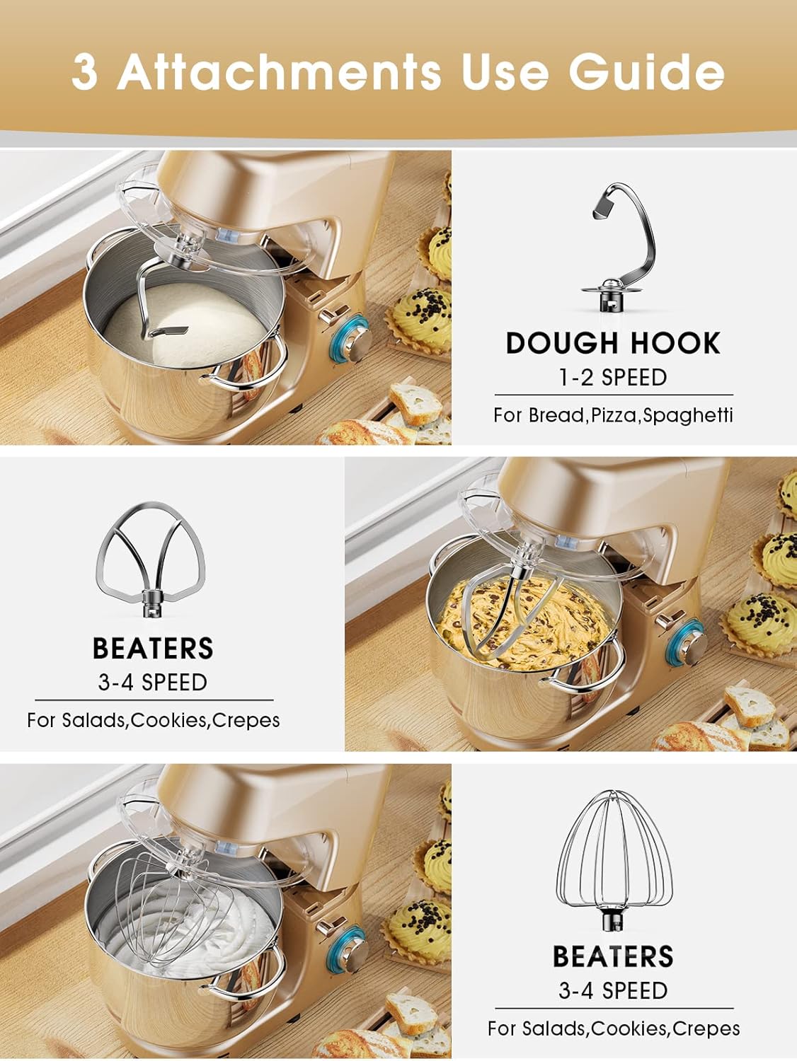 9.5 QT Double Handle KUCCU Stand Mixer, 6 Speed with Pulse Electric Kitchen Mixer, 660W Tilt-Head Food Mixer with Dishwasher-Safe Dough Hook, Flat Beater, Whisk, Splash Guard for home baking (Gold)