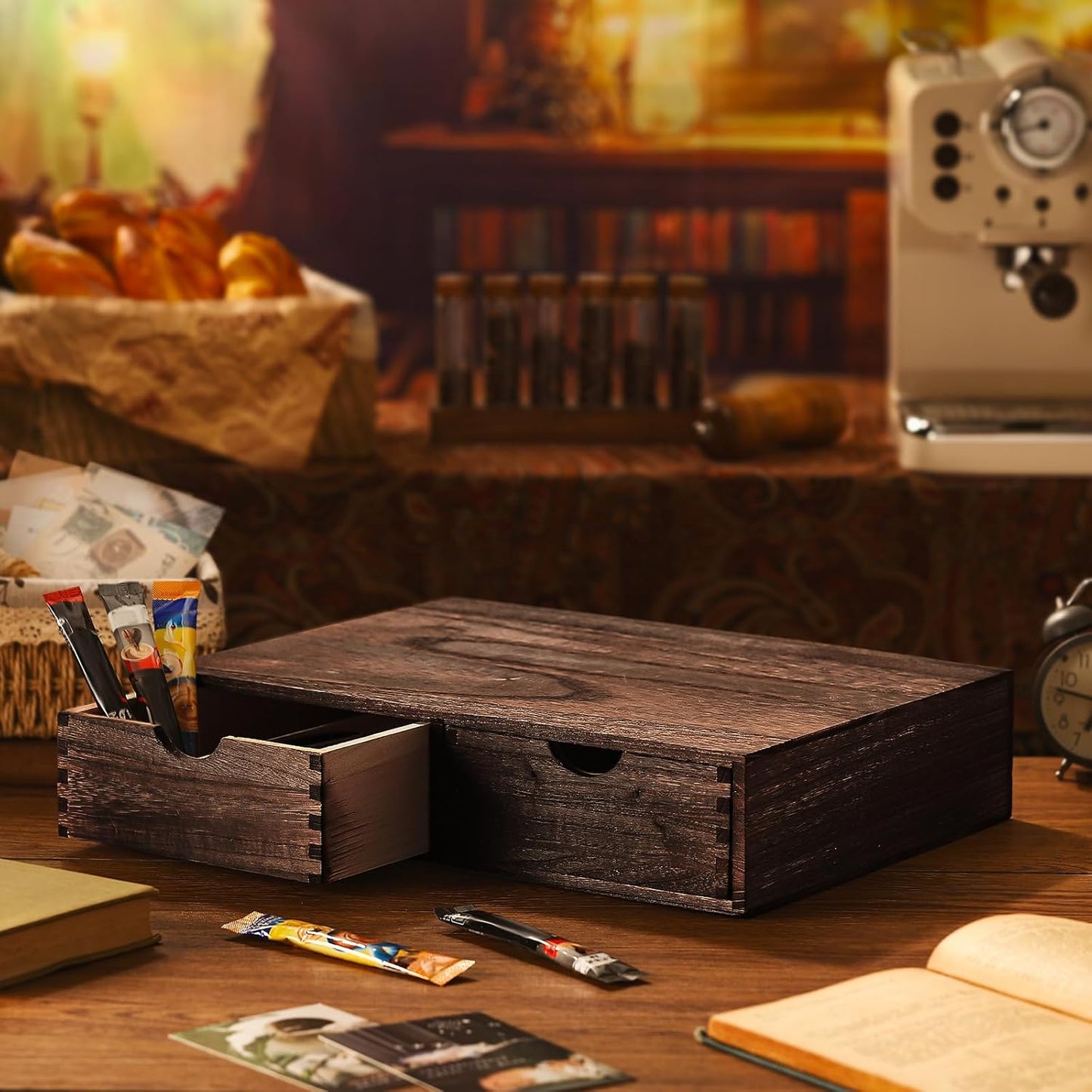 Suzile Coffee Pods Storage Holder Cabinet Vintage Countertop Storage Drawers Wooden Cup Organizer Under Brewe for Home Office Accessories(2 Drawer)