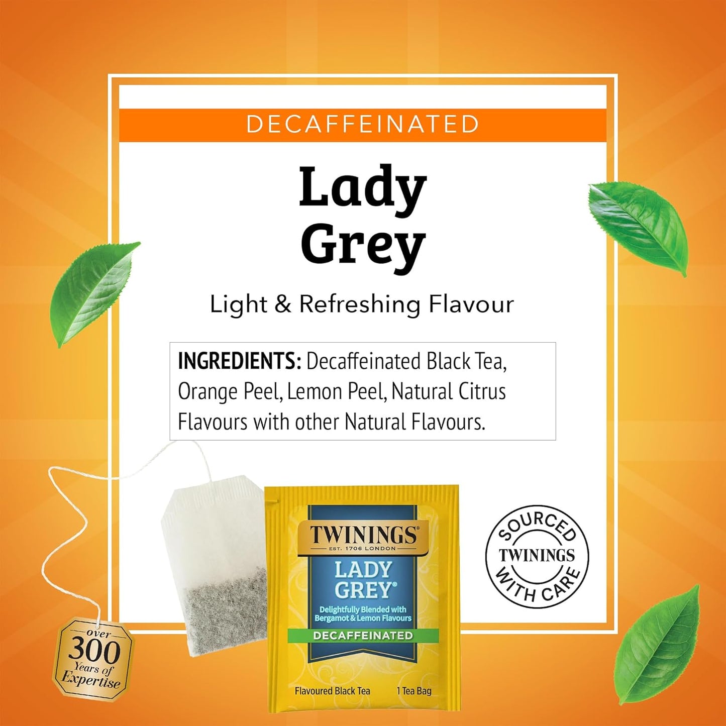Twinings Decaffeinated Lady Grey Black Tea Individually Wrapped Bags, 20 Count (Pack of 1), Orange Peel & Lemon Peel, Enjoy Hot or Iced, 20 Teabags