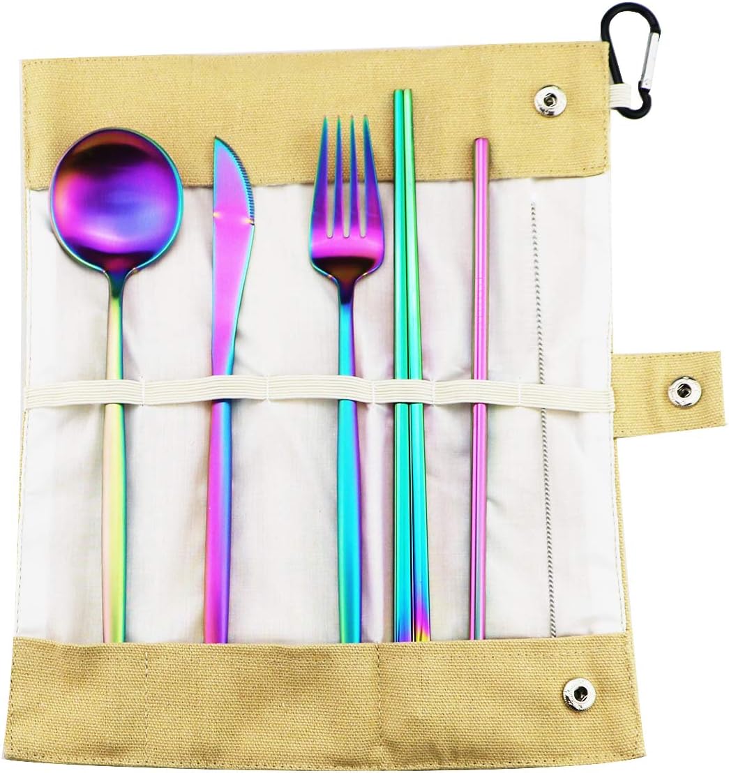 Gugrida Reusable Travel Utensils, 7 Piece Portable 304 Stainless Steel including Knife Fork Spoon Chopsticks Cleaning Brush Straws Portable Pouch, Eco-friendly Camping Silverware Set, Dishwasher Safe
