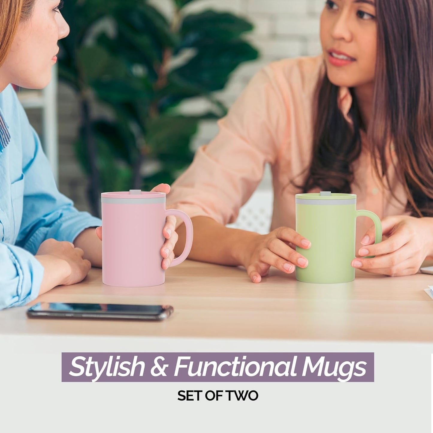 Copco Insulated Coffee Mug with Lid and Handle, 16oz Tumbler, Double Wall To-Go Cup, for Travel, Office, School, Camping, BPA-Free Reusable Plastic, Iconic Set of 2, Purple/Yellow