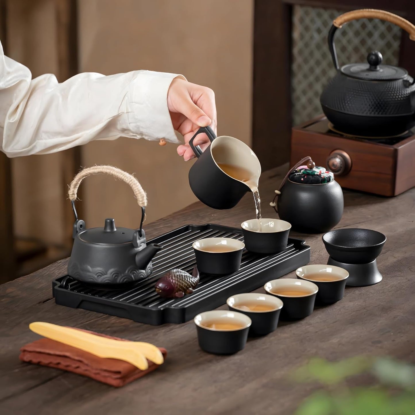 ICHAG Japanese Tea Set, Chinese Tea Sets for Adults, 15-Piece Porcelain Gongfu Tea Set with Tea Pet & Tea Tray, Japanese Teapot Set, Travel Tea Party Set, for Home/Office/Outdoor/Gifts