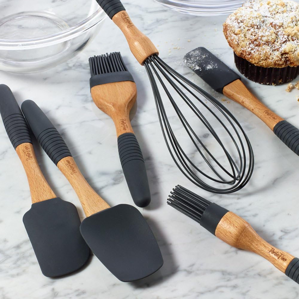Baking Utensils Set 6 Pieces - Spatula Set for Baking - Baking Essentials 3 Spatula, 2 Pastry Brush, 1 Whisk - Spatulas Silicone Heat Resistant - Silicone Cooking Utensils - Gift for women - Dark Grey