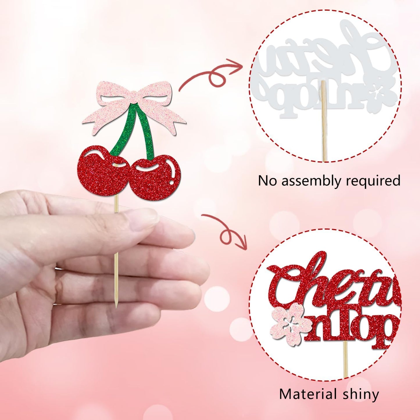 24 Pack She's the Cherry On Top Cupcake Toppers, Glitter Cherry Sweet Cake Pick for Fruits Theme Baby Shower and Bridal Shower Decorations Supplies (Top)