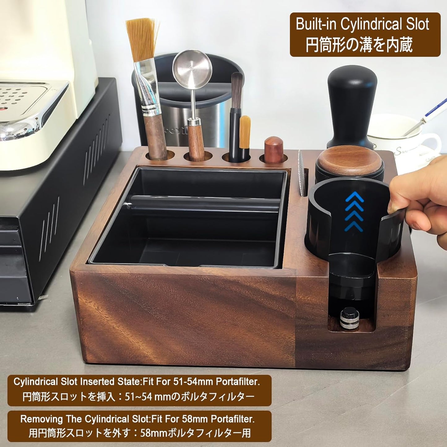 Espresso tamping station and knock box,Wooden portafilter holder,Espresso organizer station box,Tamping station fit for storage 51/54/58mm coffee accessories,Multifunctional espresso station