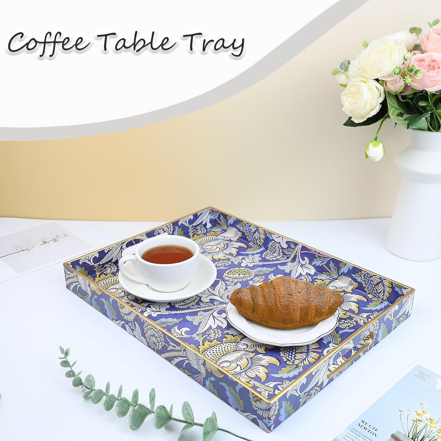 Rectangle Plastic Serving Tray with Handles, Elegant Decorative Tray for Coffee Table, Ottoman, Living Room, Kitchen, and Outdoor Use. 12"*16"*1.6", Wey