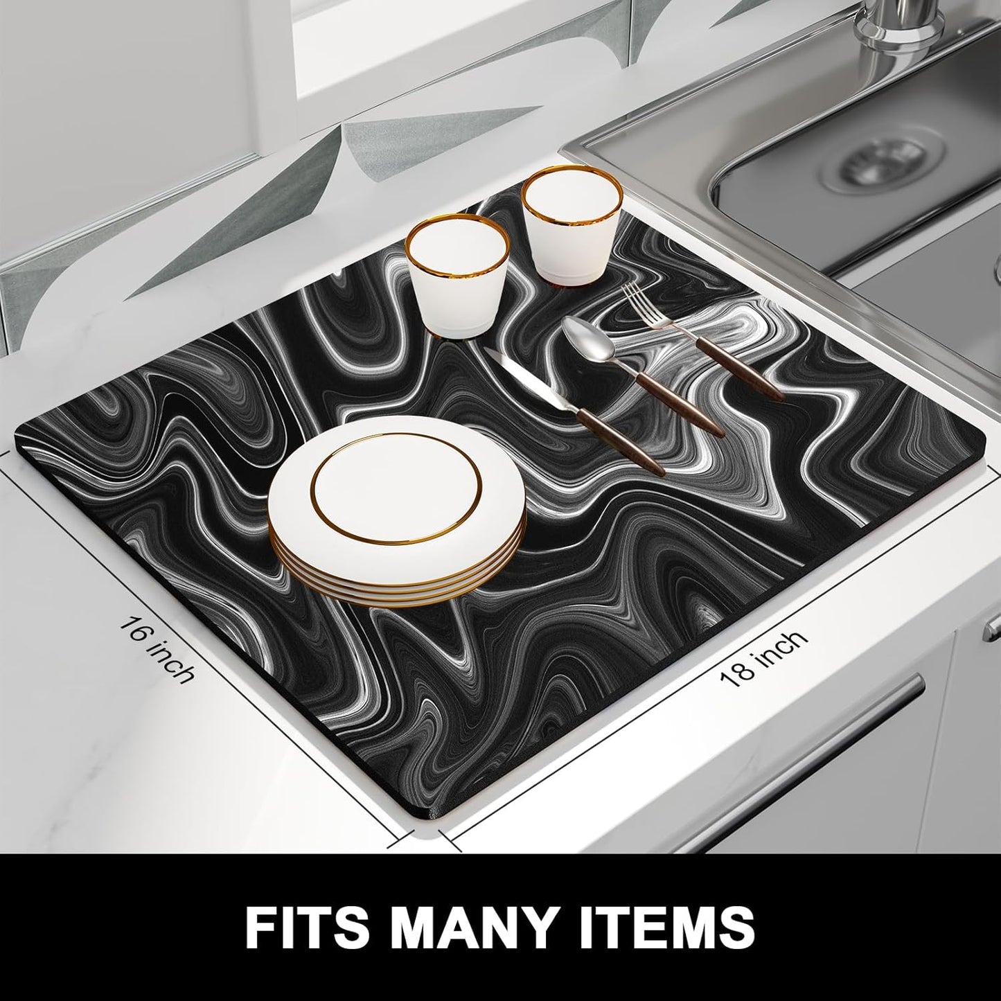 Rnivvi Dish Drying Mat for Kitchen Counter, 16 x 18" Cute Boho Theme Absorbent Heat Resistant Drying Pad with Non-slip Rubber, Coffee Bar Mats for Coffee Machine Dish Rack, Abstract Contour