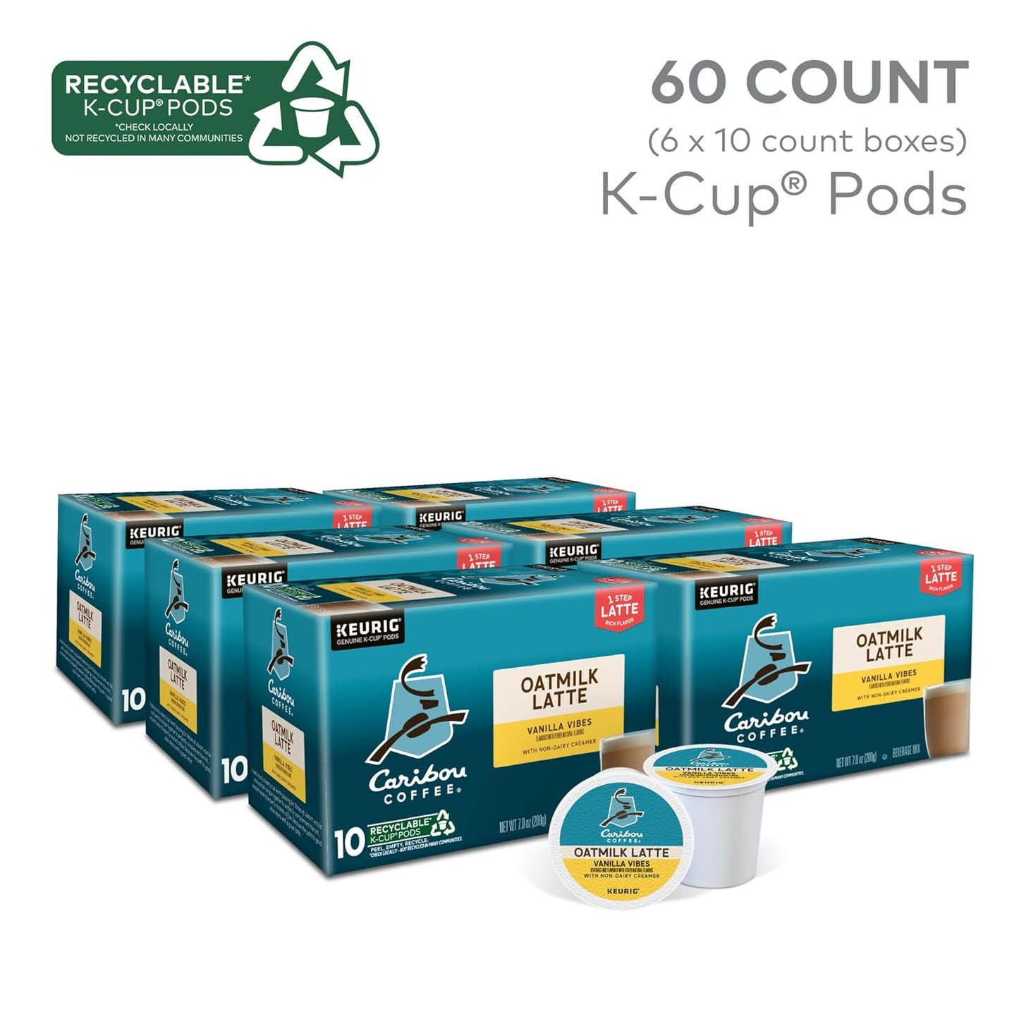 Caribou Coffee Vanilla Vibes Oatmilk Latte, One Step Latte Single Serve Keurig K-Cup Pods, 60 Count (6 Packs of 10)