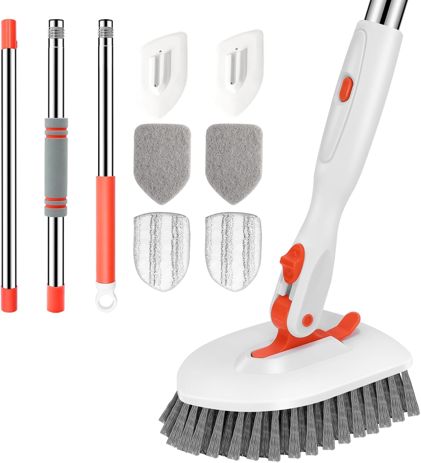 SetSail Floor Scrub Brush, 3-In-1 Tile Tub Floor Scrubber with 52-inch Adjustable Long Handle Shower Cleaner Brush and 4 Detachable Replacement Brush Heads for Cleaning Bathroom Kitchen Walls Tub Tile