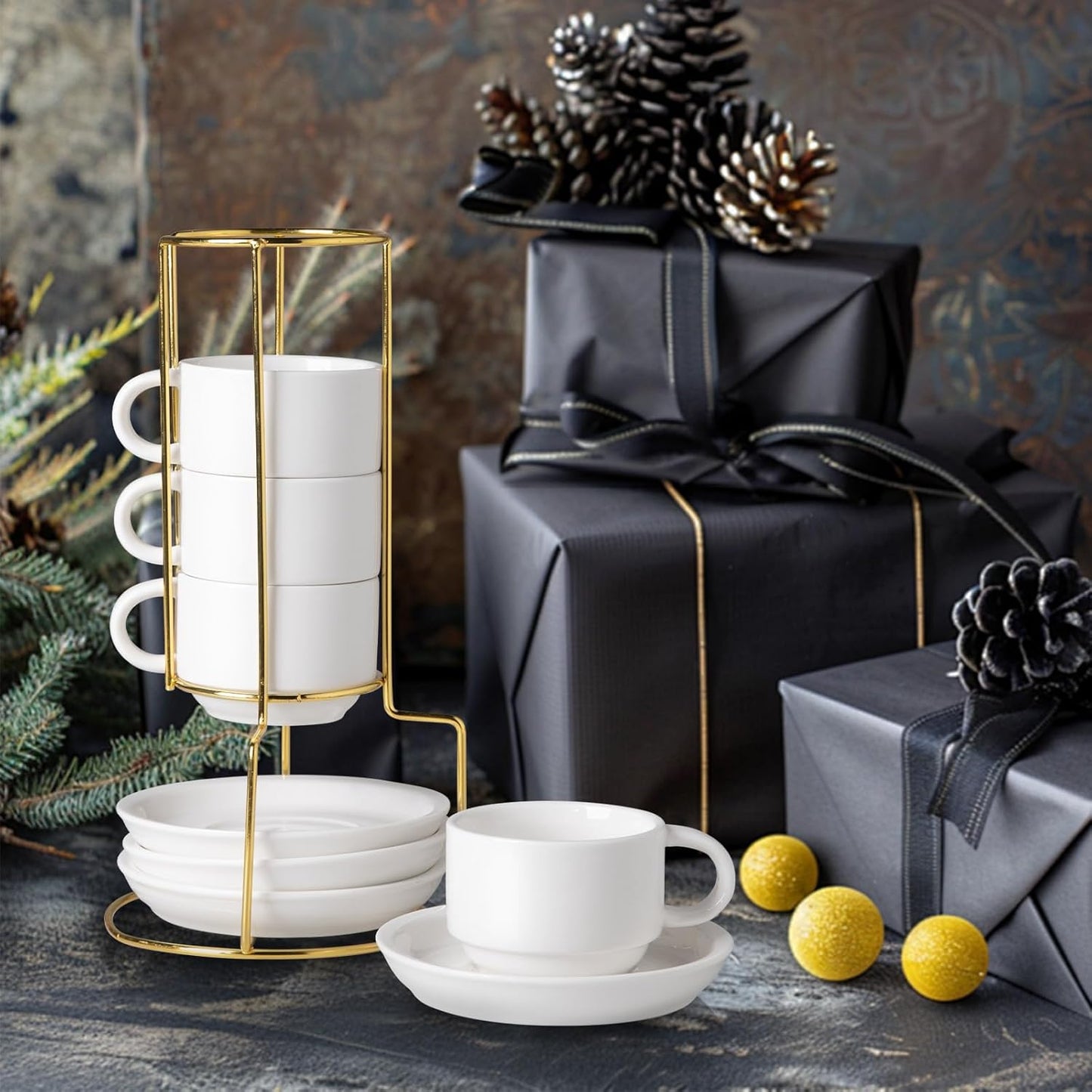 Sweejar Porcelain Espresso Cups with Saucers, 4 Ounce Stackable Cappuccino Cups with Metal Stand for Coffee Drinks, Latte, Tea - Set of 4 (White Gold Stand)