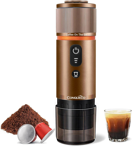 CONQUECO Portable Espresso Coffee Machine: 12V Electric Small Travel Expresso Maker - Self Heating 8 Cups Battery Powered Compatible for Nespresso Capsule - for Camping RV Hiking Office (Brown)