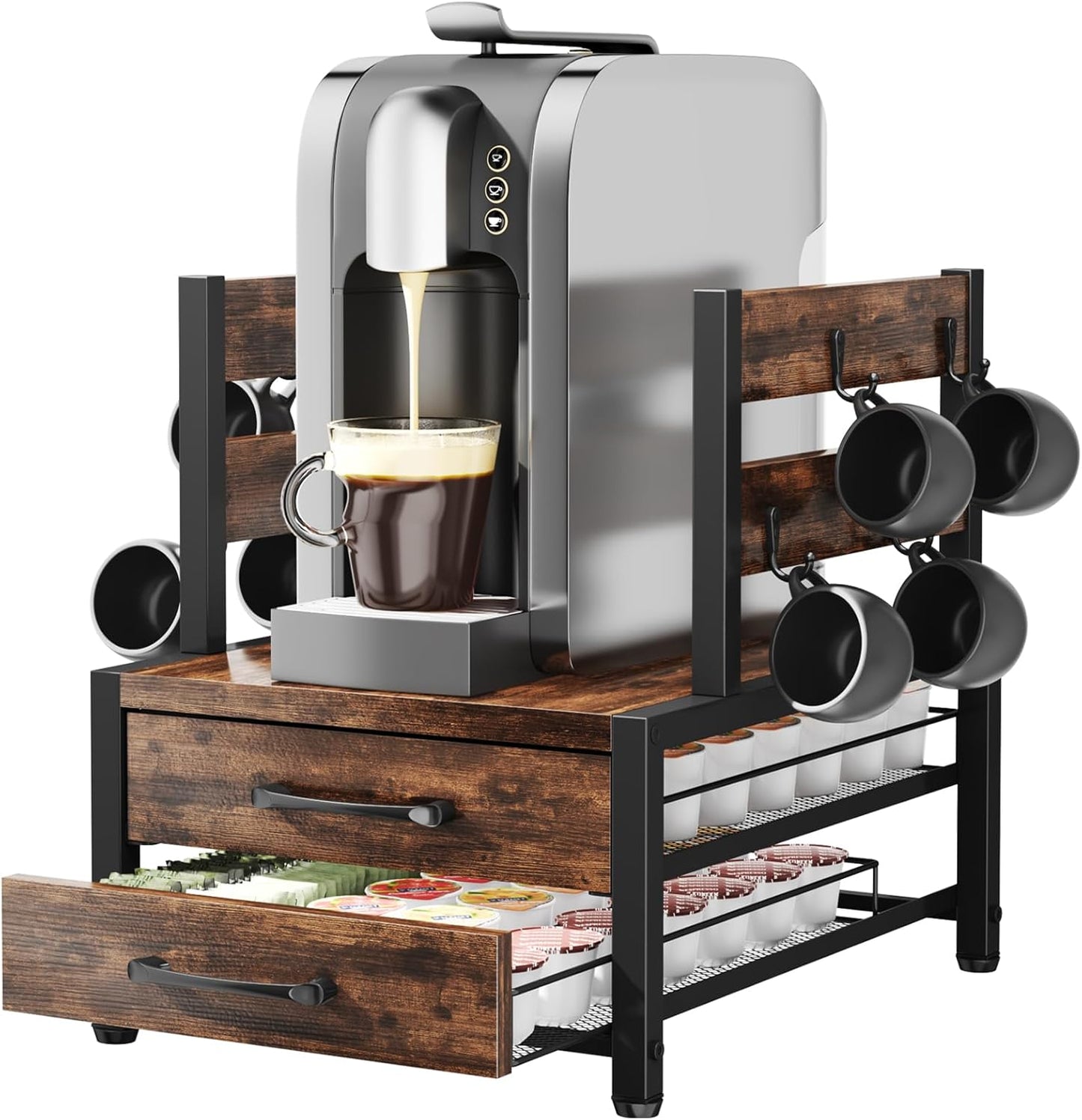 K Cup Holder Drawer - Coffee Pod Organizer for Counter, Sturdy k cups Storage Drawer with Mug Rack, Coffee Maker Stand, 70 Capacity Pods, Home Kitchen Counter Organizer, Rustic Brown
