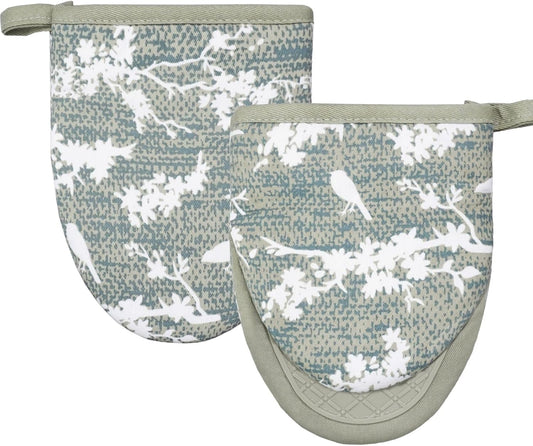 Mini Silicone Oven Mitts, Heat and Slip Resistant Kitchen Gloves 2-Pack Set, Birds Flower Soft Short Oven Mittens, Flexible Thick Pot Holders for Safe Cooking Baking and Grilling (Mini, Aqua)