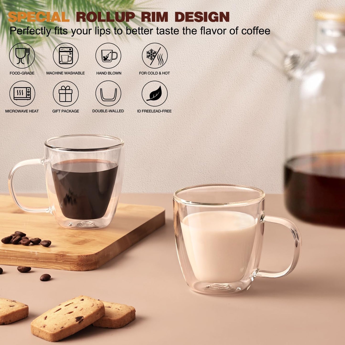 Espresso Cups Set of 4, Double Wall Hand Blown 5.5OZ Espresso Shots Glass, Coffee Mugs with Handle Perfect for Cappuccino, Latte, Tea