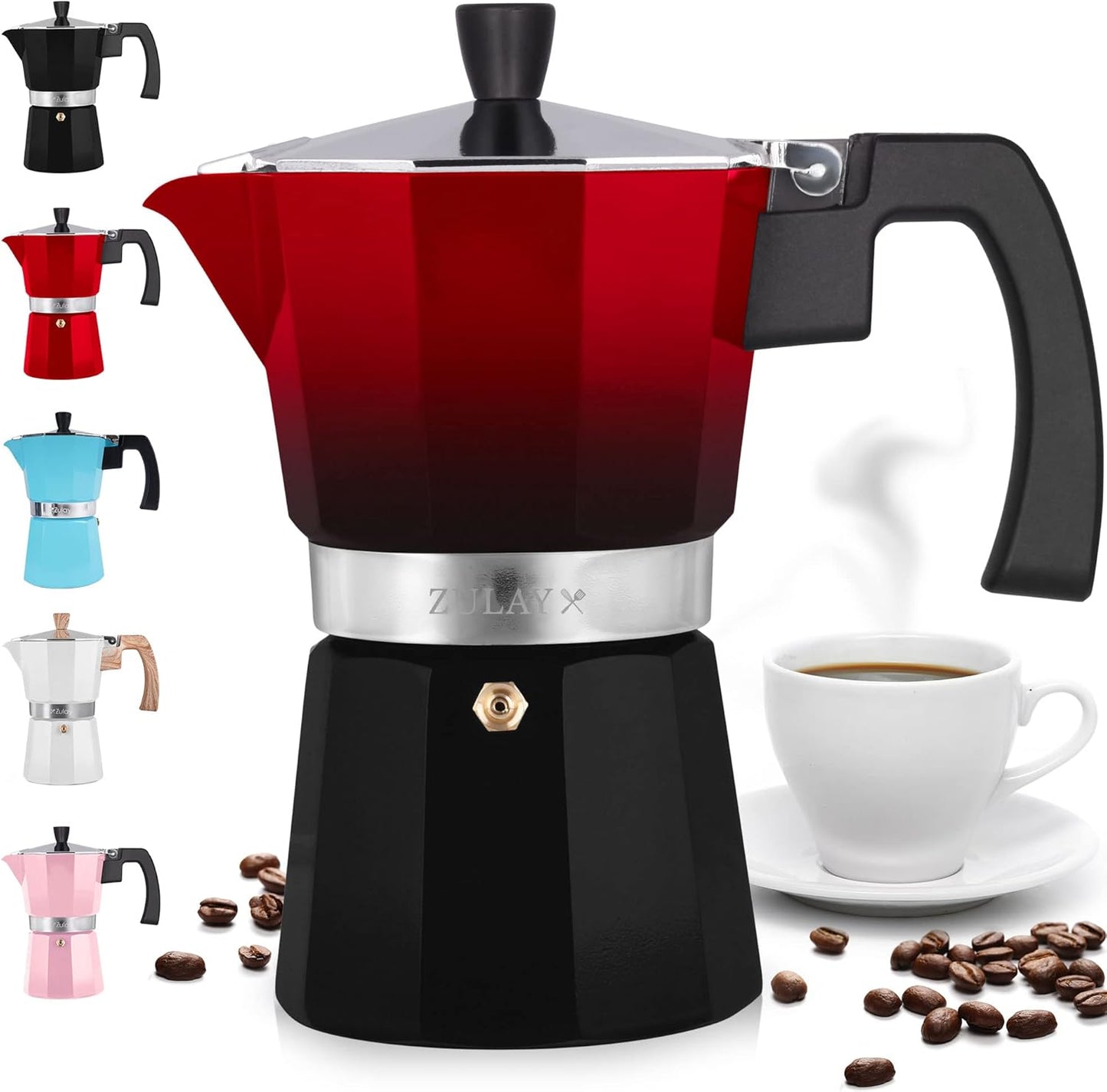 Zulay Kitchen Stovetop Espresso Maker - Moka Pot 3 Espresso Cups - Percolator Coffee Maker for Classic Cuban & Italian Style Espresso - Portable Coffee Maker for Camping & Travel - (Red/Black)