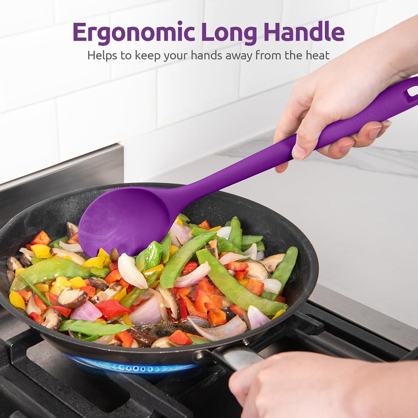 600ºF Heat Resistant Silicone Spoon: U-Taste 13.3in Solid Kitchen Cooking Spoon, Nonstick Food Grade Large & Long Soup Rubber Utensil for Mixing, Serving, Stirring, Basting, for Pot Cookware (Purple)