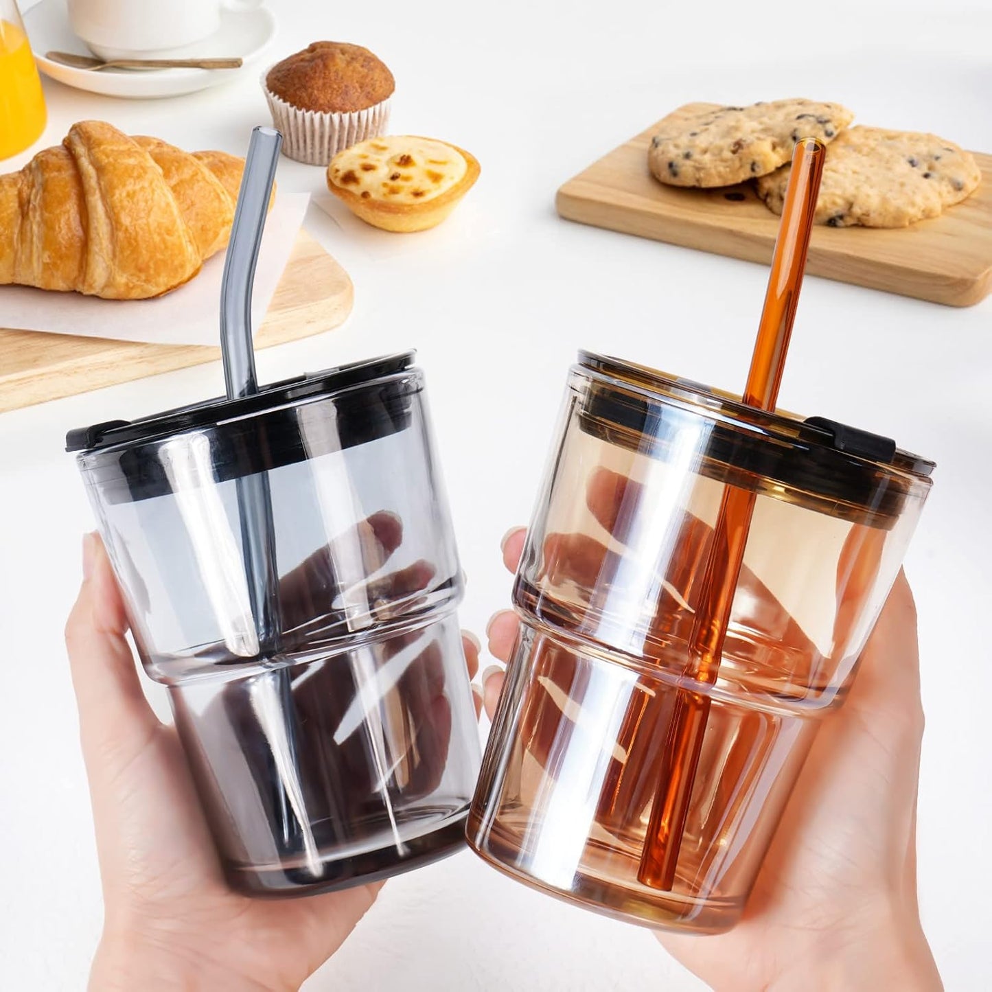 Iced Coffee Cup, 15 oz Glass Cups With Lids And Straws, Iced Coffee Glasses Tumbler, Thick Wall Mug For Tea Water With 2 Straw And Leather Sleeve, Glass Tumbler Gifts