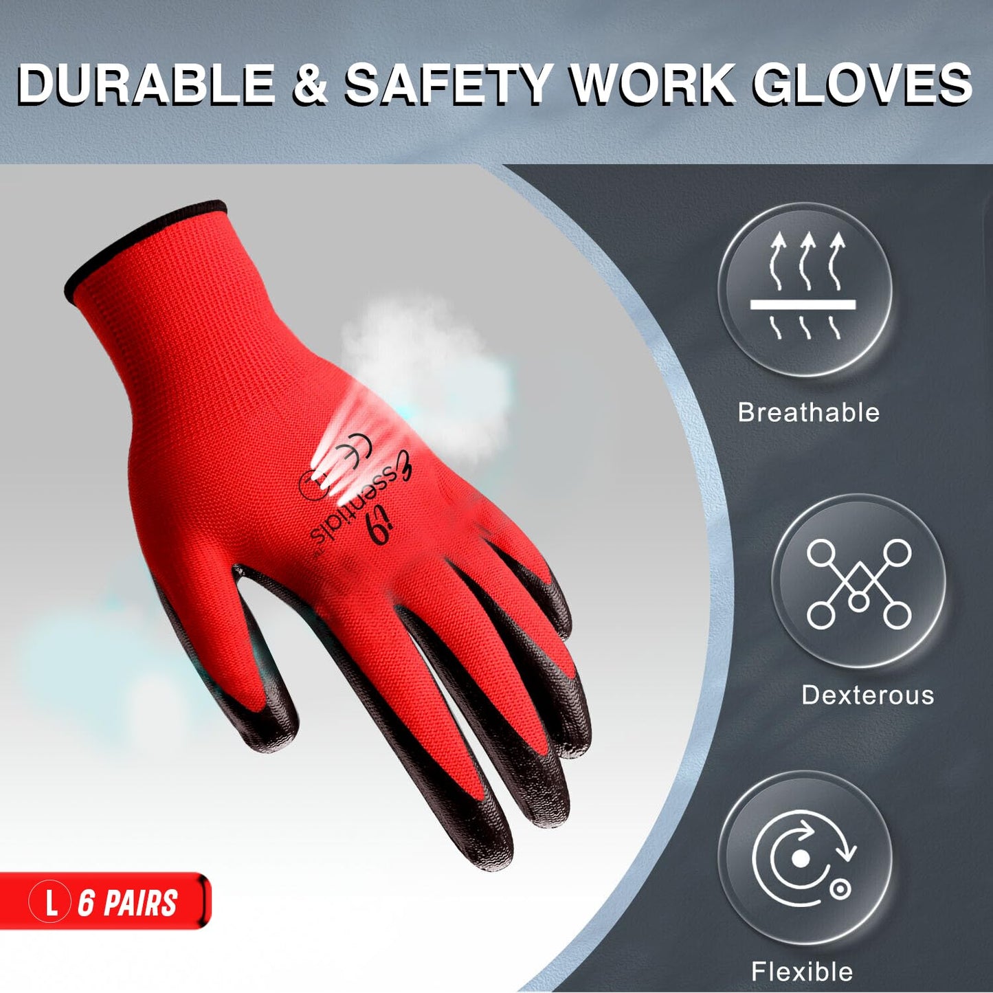 I9 Essentials Nitrile Coated Work Gloves Large 6 Pack – Grip Safety Gloves for Construction, Gardening, Mechanics